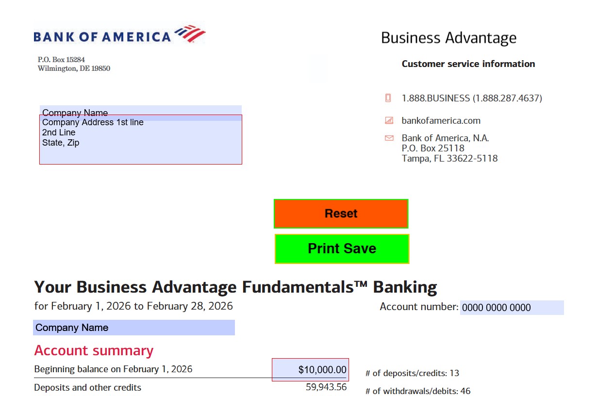 2026 February BofA Business statement template
